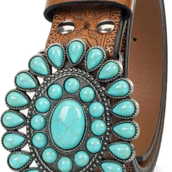 COPY - Women Turquoise-Western-Belt Floral-Engraved-Cowgirl-Belt PU-Leather Wai… - Picture 3 of 6
